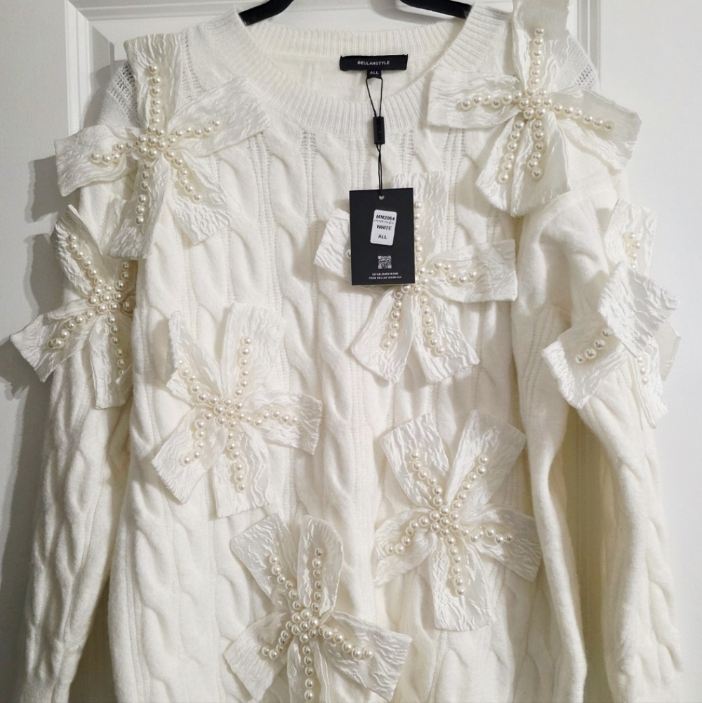 🤍 Beulah Style White Pearl Bow Knit Sweater | Statement Piece 🤍